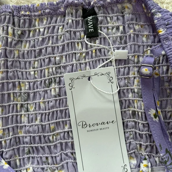Brovave Purple Ditsy Floral Tie Front Smocked Milkmaid MIDI Dress Small NWT Boho - Picture 3 of 13